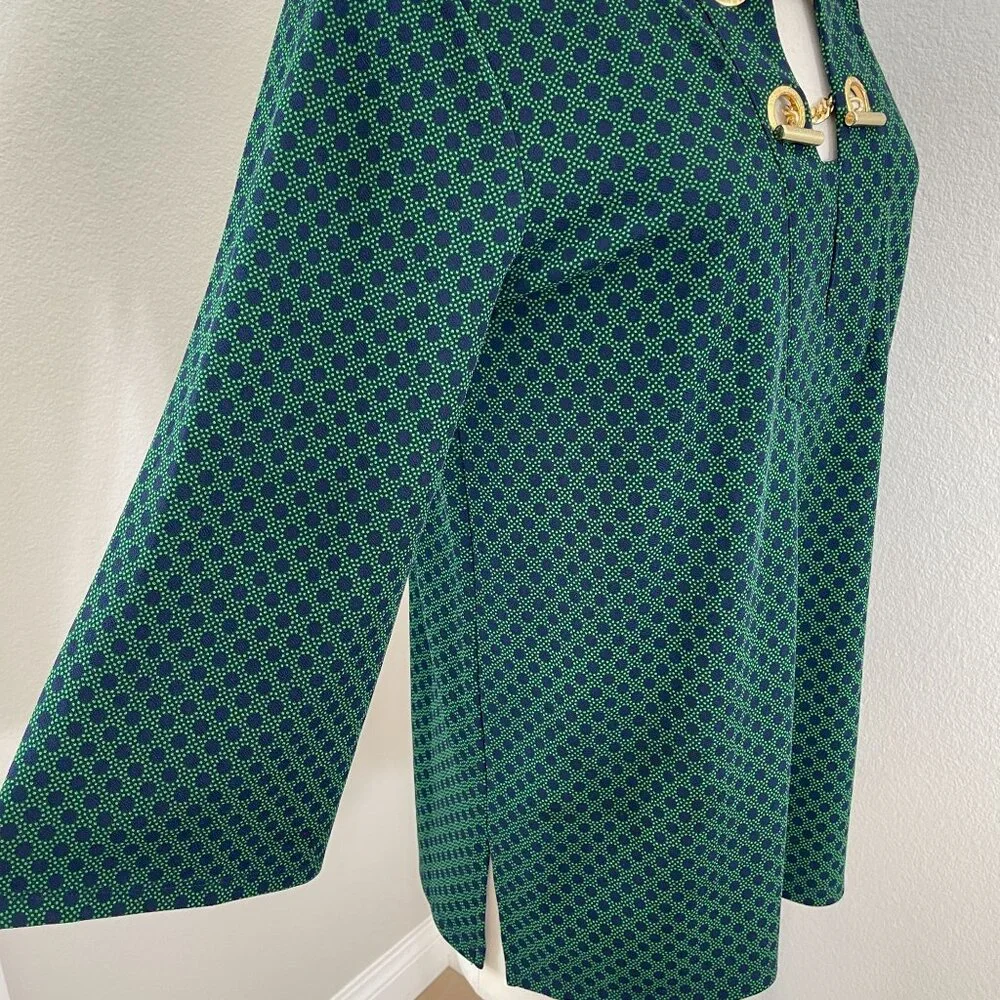Michael Kors Womens Medium Green‎ Navy Polka Dot Tunic Top Gold Chain Detail
